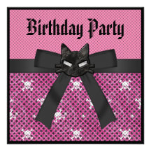 Black Kitty & Skulls Pink Birthday Invites