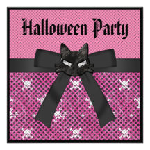 Black Kitty & Skulls Pink Halloween Party Invites
