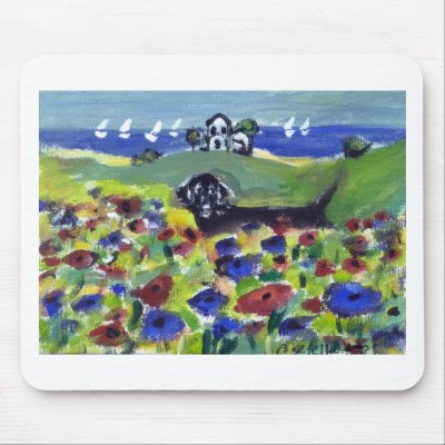 Black lab amongst poppies mouse mats by zadajeanne