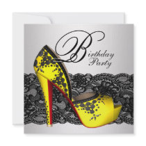 Black Lace High Heel Shoes Yellow Black Party Personalised Invitations