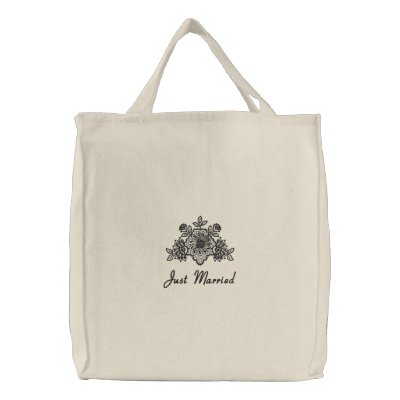 Black Lace Wedding - Just Married Tote Embroidered Bag by WedThreads
