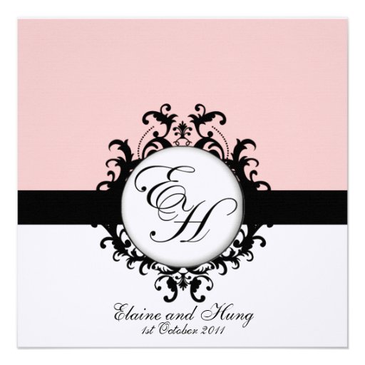 Black Monograms Damask on Linen Custom Announcement