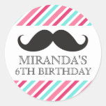 Black moustache aqua pink stripes birthday party round stickers