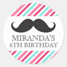 Black moustache aqua pink stripes birthday party round stickers