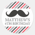 Black moustache grey red stripes birthday party stickers