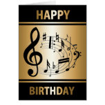 Black musical notes in oval shape on gold birthday card