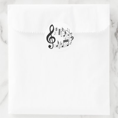 Black musical notes in oval shape round stickers by giftsbonanza