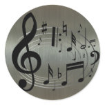 Black musical notes on aluminium background round stickers