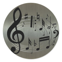 Black musical notes on aluminium background round stickers
