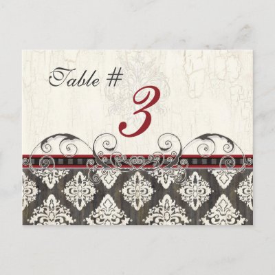 Black 39n White Damask red Table Card Number Postcard by AudreyJeanne