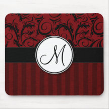Black on Red Floral Wisps & Stripes with Monogram Mouse Pad
