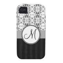 Black on White Damask and Stripes with Monogram iPhone 4/4S Cover