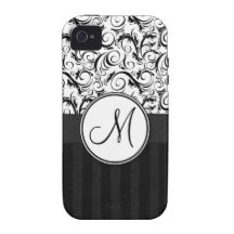 Black on White Floral Wisps, Stripes & Monogram iPhone 4 Case