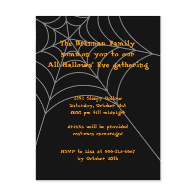 Black orange spider web Halloween invitation card by FidesDesign