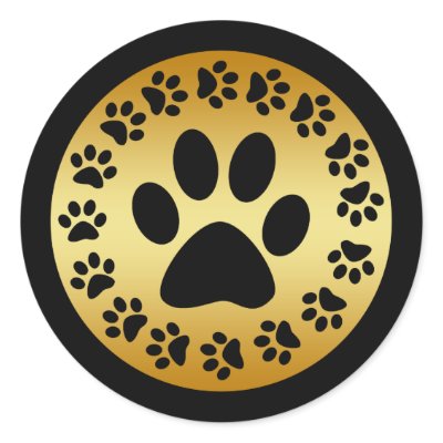 BLACK PAW PRINTS ON GOLD ROUND STICKER by dgpaulart