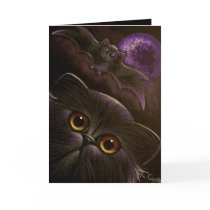 BLACK PERSIAN CAT BAT HALLOWEEN NIGHT 3 GREETING CARDS