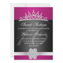 Black & Pink Sparkle Tiara Birthday Invitation