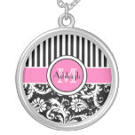 Black, Pink, White Striped Damask Necklace