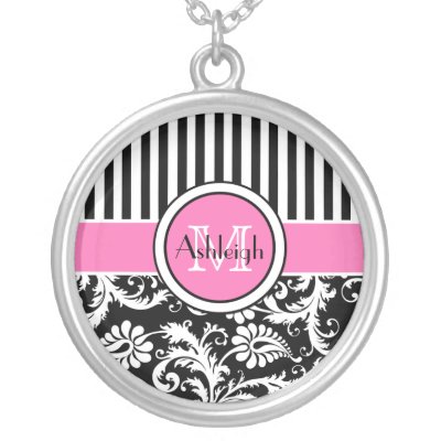 Black, Pink, White Striped Damask Necklace by NiteOwlStudio