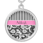 Black, Pink, White Striped Damask Necklace