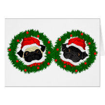 Black Pug, Fawn Pug Santas Greeting Cards