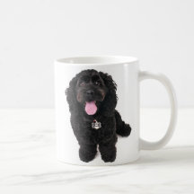 Black puppy looking up mug