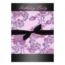 Black/Purple Bow & Floral Birthday Invitation