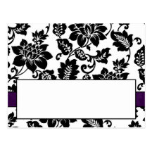 Black/Purple Floral Damask Wedding Place Card Postcards