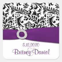 Black Purple & White Damask Wedding Envelope Seals Square Stickers
