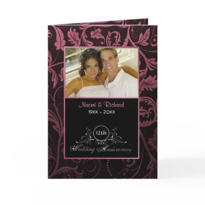 Black & Raspberry Damask 12th Wedding Anniversary Cards by SpiceTree_Weddings