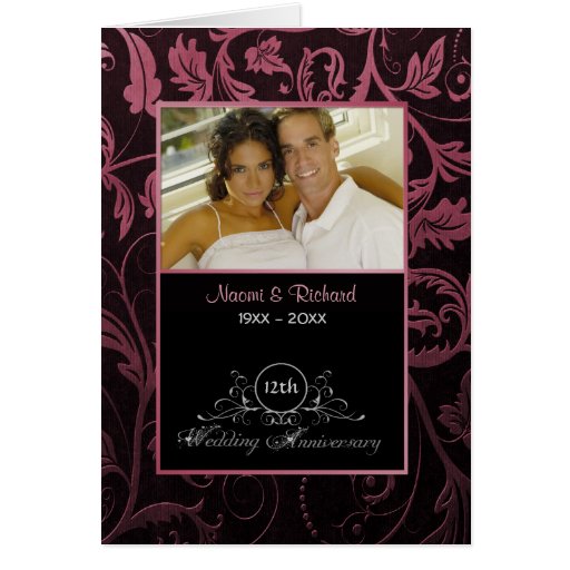 Black & Raspberry Damask 12th Wedding Anniversary Cards