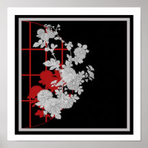 Black Red Asian Floral Print