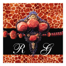 BLACK RED CORAL ROSES,GIRAFFE SKIN MONOGRAM INVITATIONS