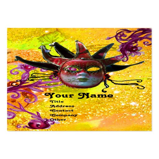 BLACK  RED JESTER MASK Masquerade Party Yellow Business Card Template