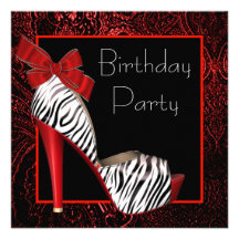Black Red Zebra Birthday Party Invitations