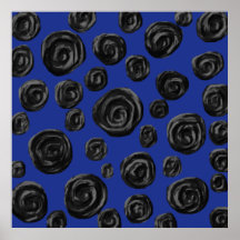 Black Rose Pattern, on Deep Blue. Print
