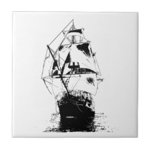 Black Ship Silhouette Ceramic Tile