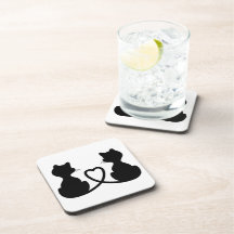 Black Silhouette Of Two Cats In Love Drink Coasters