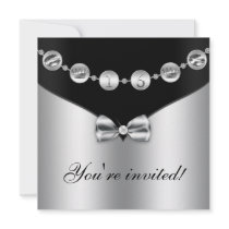 Black & Silver Bowed Charm Sweet Sixteen Invite