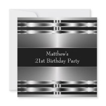 Black Silver Mans 21st Birthday Party Custom Invite