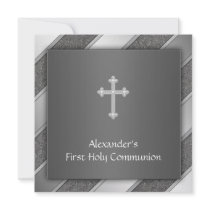 Black Silver Stripe Boy First Communion Invitation