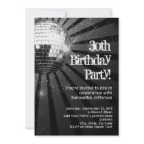 Black Sparkle Disco Ball 30th Birthday Party Personalised Invites