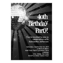 Black Sparkle Disco Ball 40th Birthday Party Invite