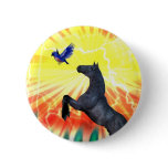 Black stallion horse rearing, flame grass buttons