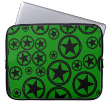 Black Stars in Circles on Green Laptop Sleeves