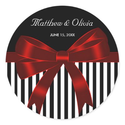 Black and white modern stripes with bright red ribbon and bow wedding favour