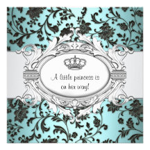 Black Teal Blue Damask Princess Baby Girl Shower Personalized Announcements