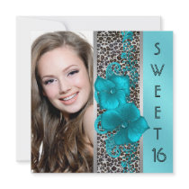 Black Teal Blue Leopard Photo Sweet 16 Birthday Personalized Invitations