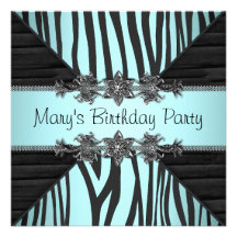 Black Teal Blue Zebra Womans Birthday Party Announcement
