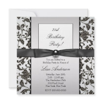 Black Tie Damask Womans 21st Birthday Party Personalised Invites
